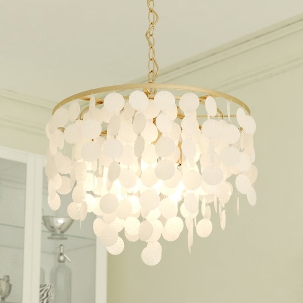 slide 2 of 14, Elsa 3 Light Gold Brass Modern Coastal Glam Pendant Fixture with Capiz Shells - 19.75-in W x 18.5-in H x 19.75-in D Natural Brass - 19.75-in W x 18.5-in H x 19.75-in D