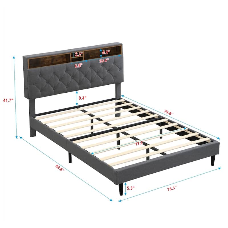 Upholstered Platform Bed Frame with Linen Fabric Headboard