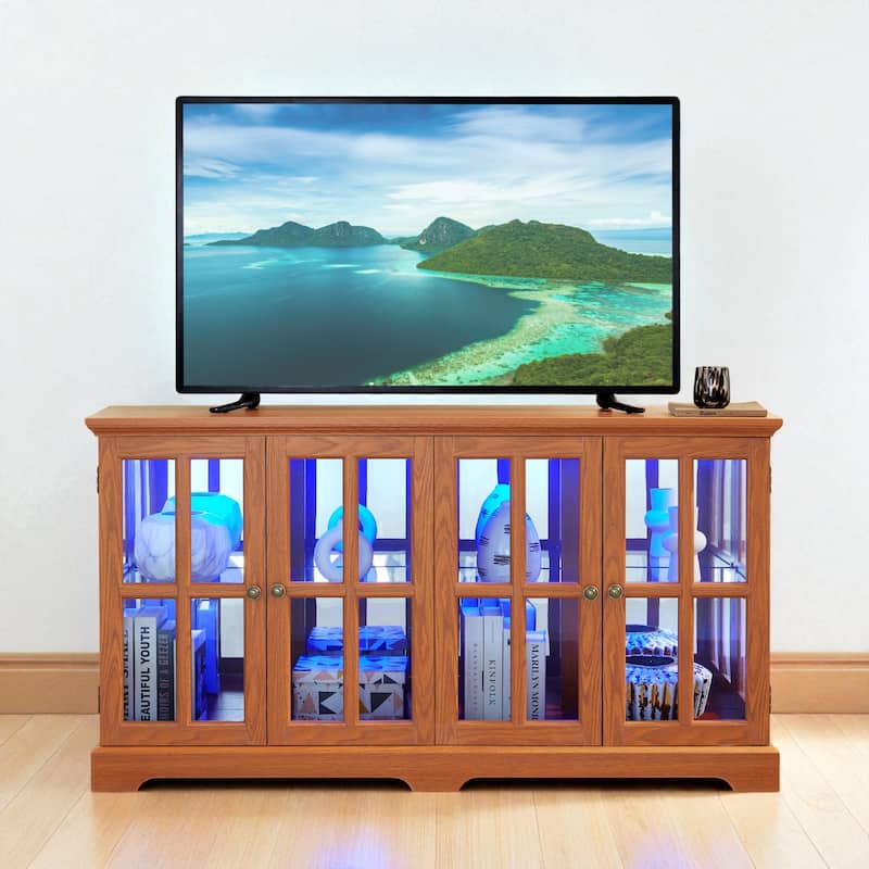 LED Antique Curio Display Cabinet with Glass Doors, Adjustable Shelves and Vintage 4-Door Design - Dark Oak