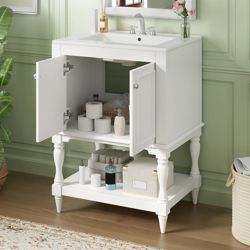 24" Modern Luxury Bathroom Vanity with Ceramic Sink, Compact Cabinet with Open Shelf & Closed Storage