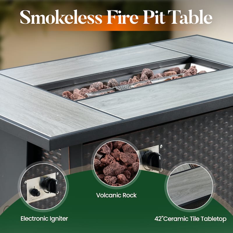 HOOOWOOO 9-piece Grey Rattan Outdoor Furniture Fire Pit Set with Swivel Chairs