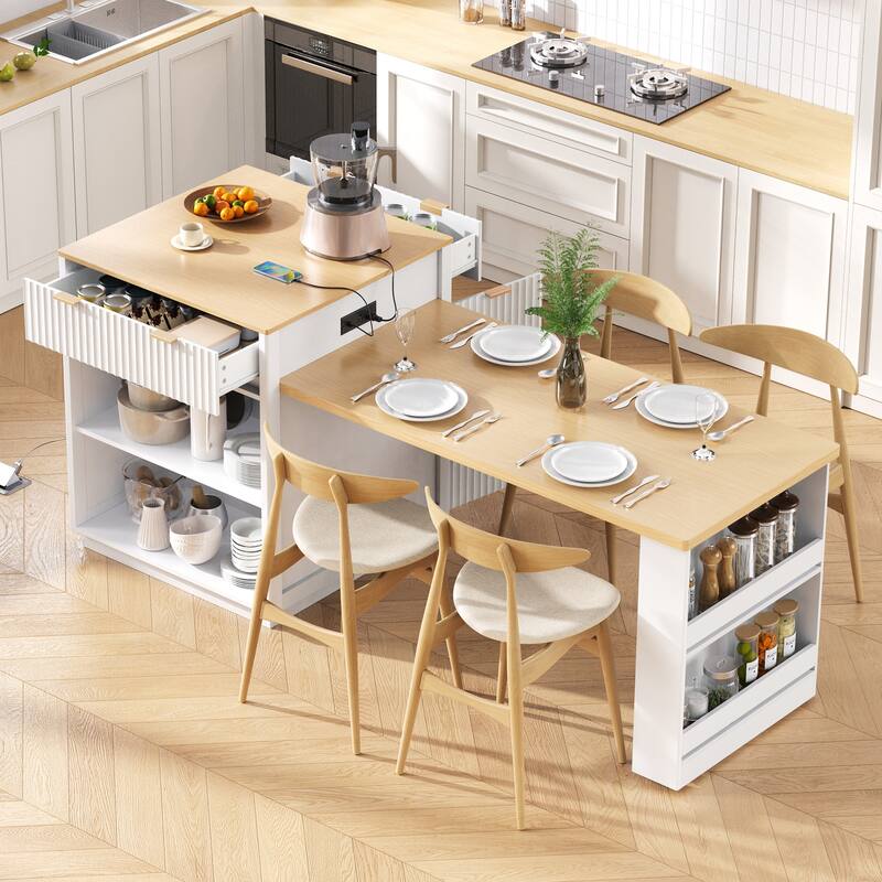 Fluted Kitchen Island with Extendable Dining Table, Power Outlet, Double Side Storage, 2 Drawers and 2 Side Open Shelves - White
