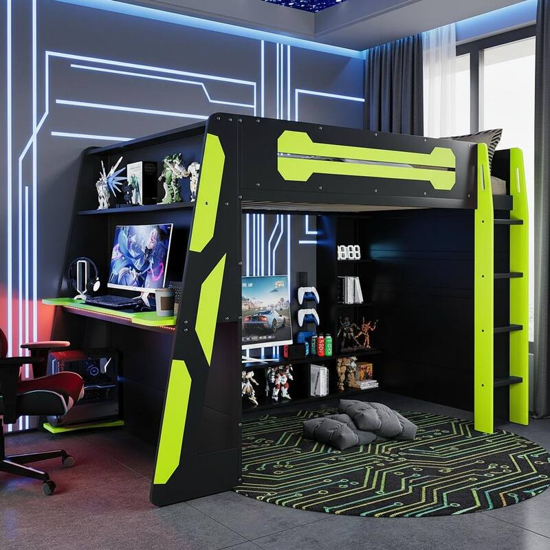 Full Loft Gaming Bed with Desk, RGB Light & Charging Station by Harper&Bright Designs - Green