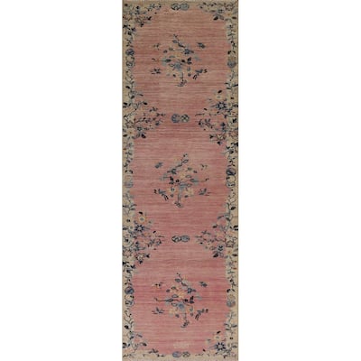 Pink Floral Oushak Vegetable Dye Runner Rug Hand-knotted Wool Carpet - 3'5"x 11'7"