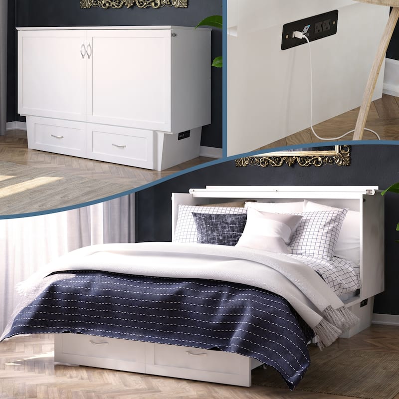 Monroe Queen Murphy Bed Chest with Mattress and Built-In Charger - White