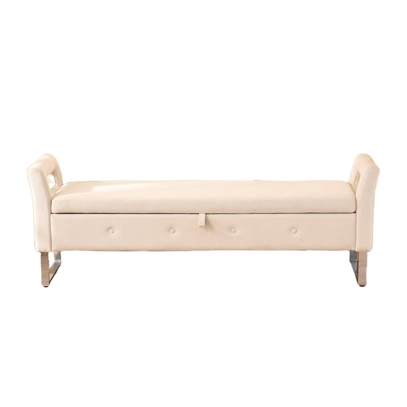 Velvet Storage Bench with Hidden Compartment, 275LB, Silver White Legs - Beige