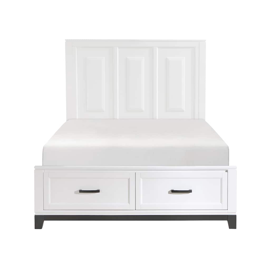 White Queen Platform Bed with Storage Drawers, Wooden Bedroom Furniture