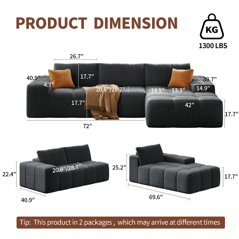 Modular Sectional Sofa with L-Shape Chaise Lounge, High-Density Foam Boneless Cloud Couch, Deep Seat Sofa with 3 Pillows