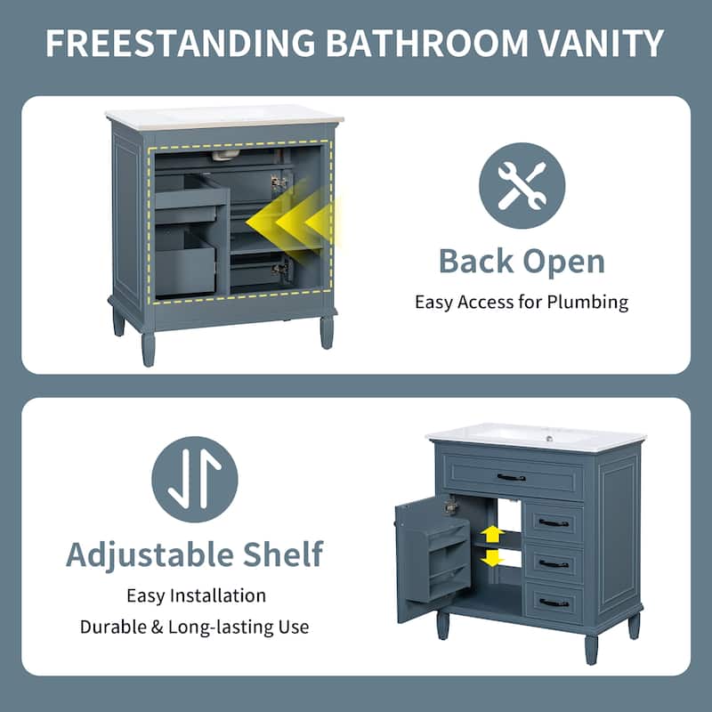30 Inch Bathroom Vanity with Ceramic Sink Top, Flip Drawers, Freestanding Storage Cabinet (Faucet Not Included)