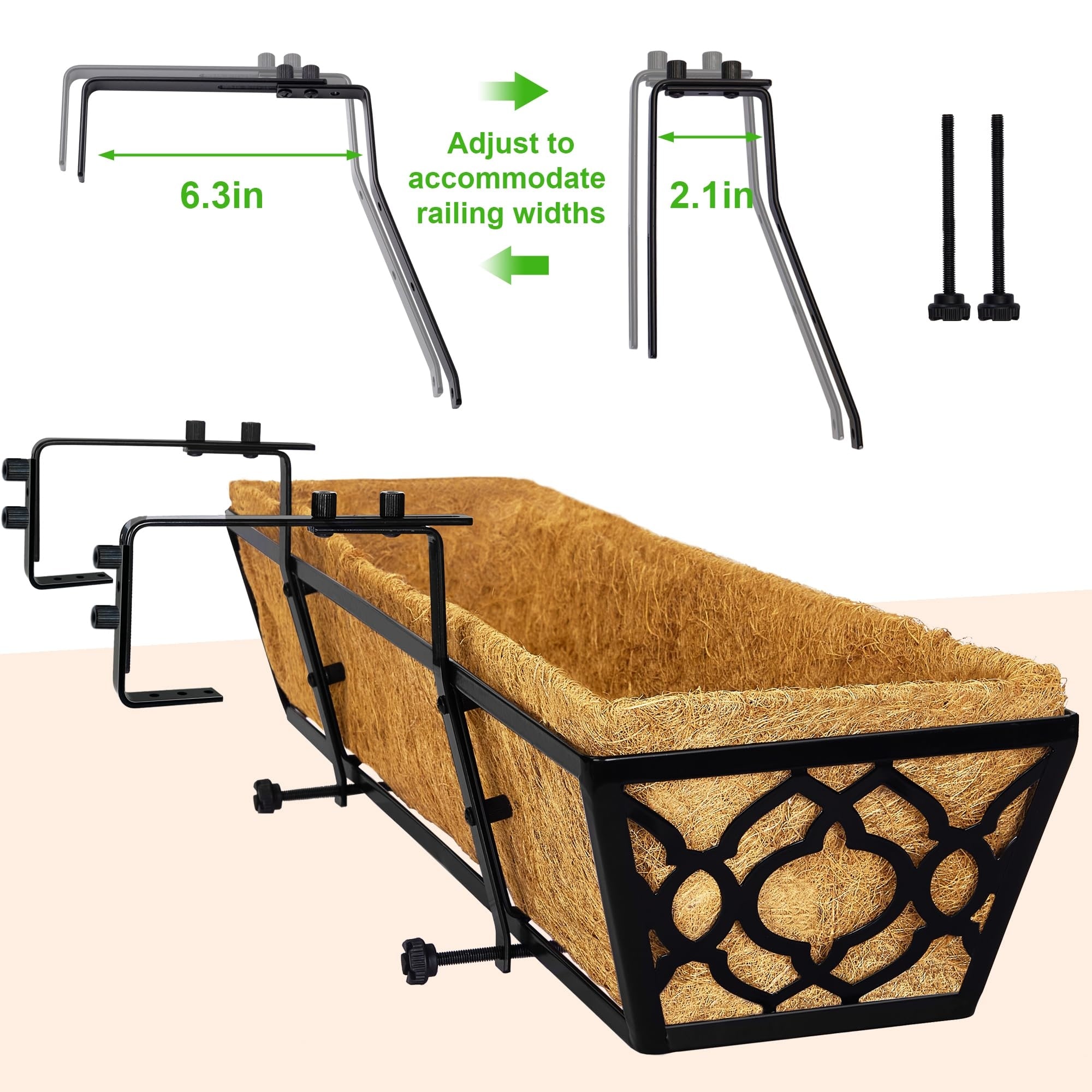 30 Inch Window Deck With Coco Liner, 30" Window Boxes Horse Trough With Coconut Coir Liner, Fence Metal Hanging Flower Planter Window Basket Deck Railing Planter Boxes For Outdoor Garden Lawn, 2pcs