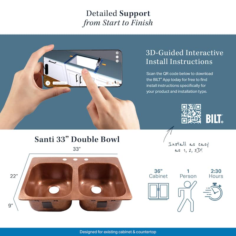 Santi Copper 33" Double Bowl Drop-In Kitchen Sink with 4 Holes - Left