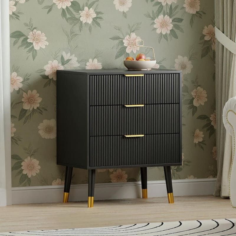 3 Drawer Dresser, Small Fluted Nightstand - Black