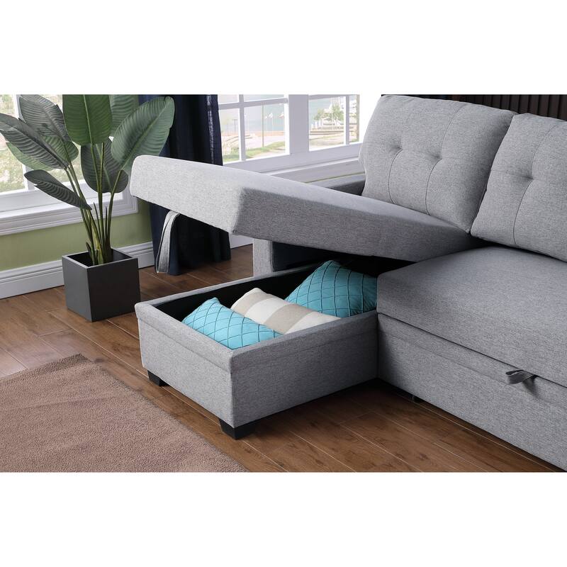 Light Gray Linen Upholstered Pull out Sectional Sofa with Chaise