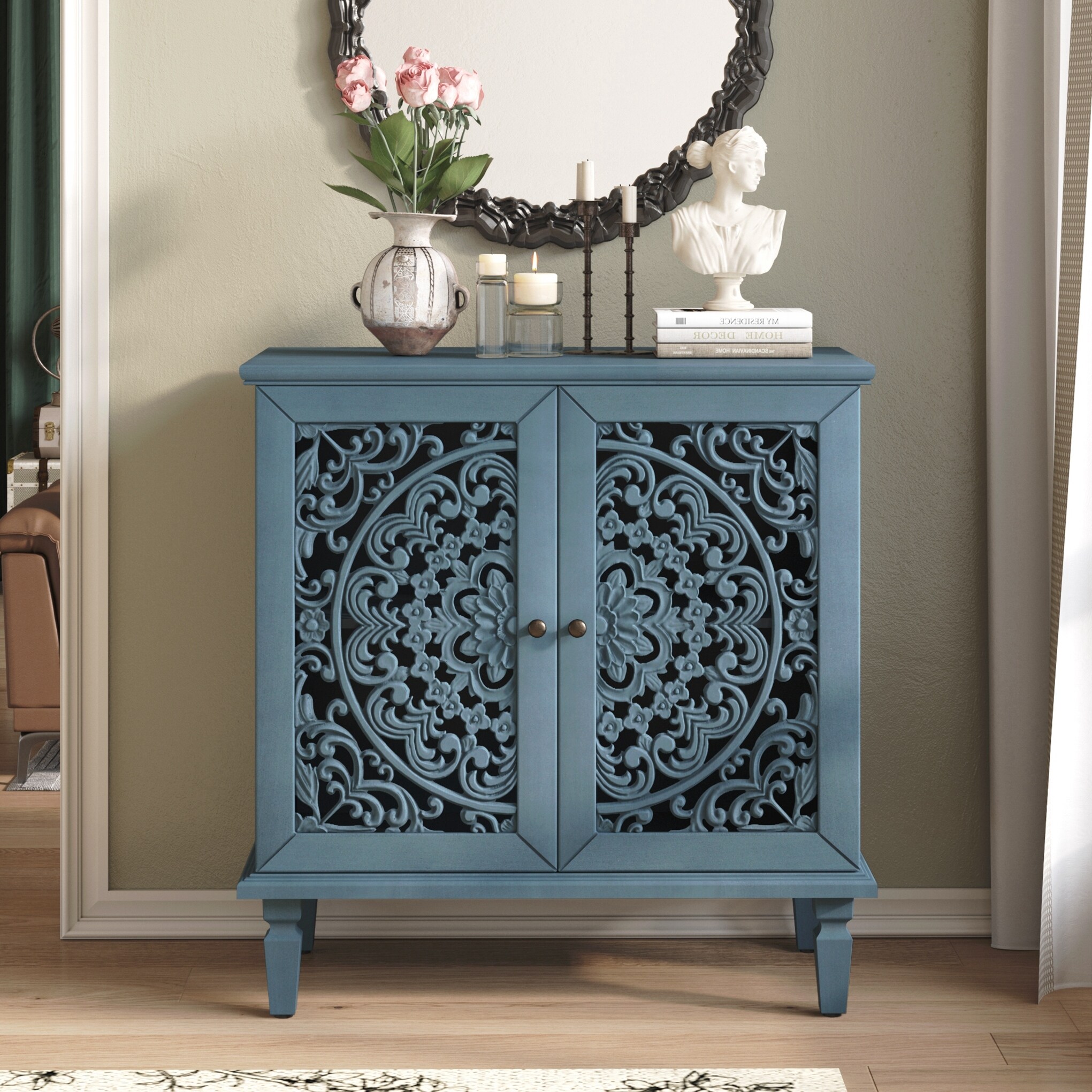 Vintage Hollow-Carved Accent Cabinet, 2-Door Display Storage Sideboard with Symmetrical Floral Design