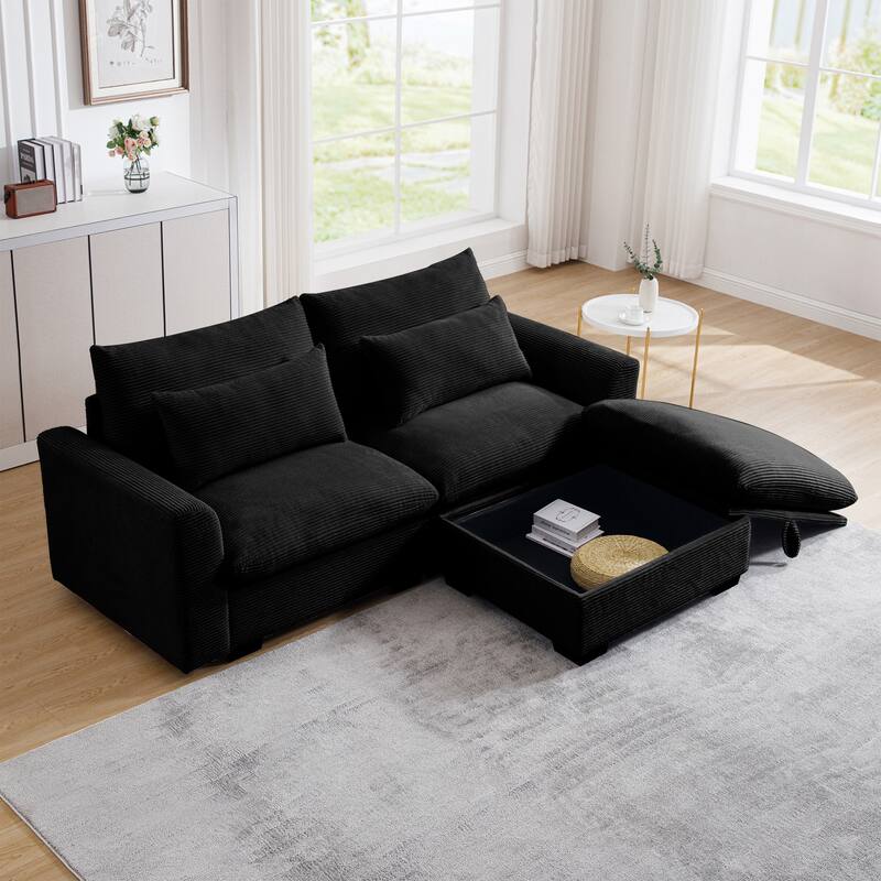 Multifunctional Loveseat Set with Storage Ottoman, Modern Sectional Sofa Corduroy Upholstered Couch with Pillows