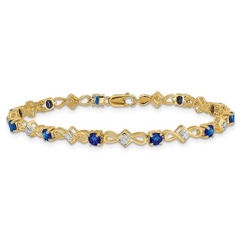 Curata 14k Yellow or White Gold 7" 4mm Emerald, Ruby or Sapphire and Diamond Bracelet