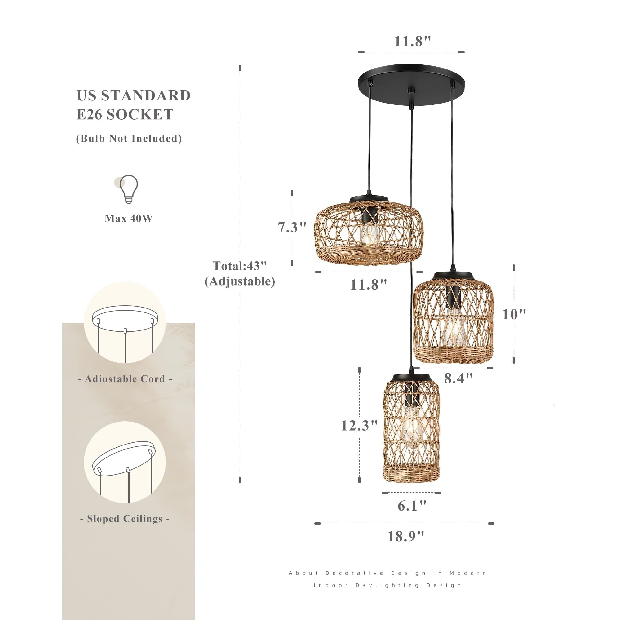 3-Light Rattan Cluster Pendant Light, Wicker Chandelier