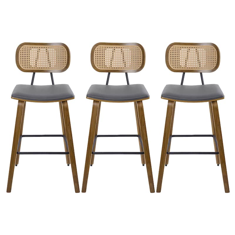 26-inch Wood Counter Height Bar Stools with Rattan Back - Set of 3 - Grey PU-natural frame
