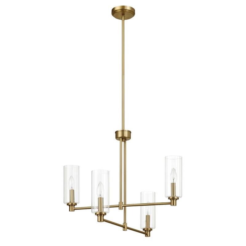 Four Lights Chandelier With Clear Ribbed Glass -Satin Brass - Antique Brass,Clear,Gold