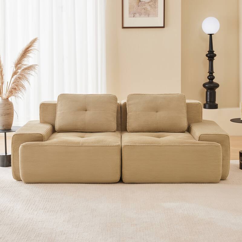 Roomfitters 82" Modular L-Shaped Sectional Sofa, Deep Tufted Corduroy Couch with Pearl Piping and Anti-Slip Base - Camel