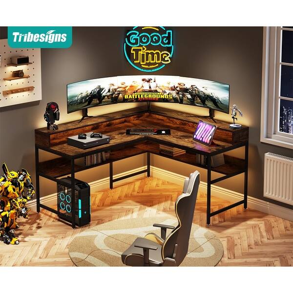 LShaped Compute Desk with Monitor Stand and Storage Shelf, Rustic