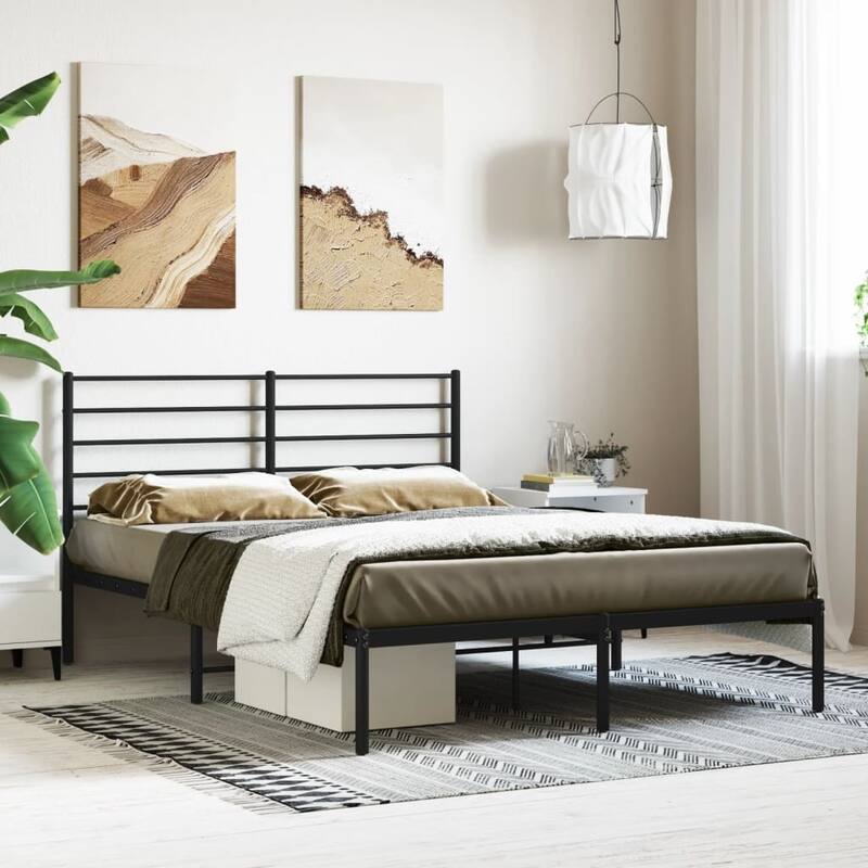 vidaXL Metal Bed Frame with Headboard, No Mattress - Black 2 - Queen