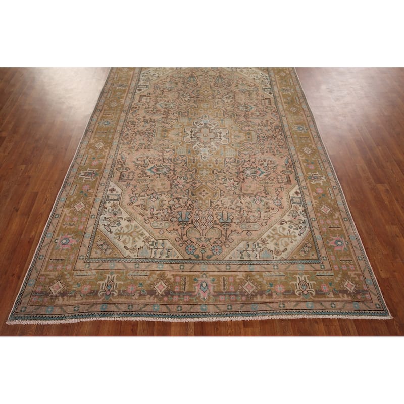 Distressed Tabriz Persian Vintage Area Rug Hand-Knotted Wool Carpet - 6'5" x 9'3"