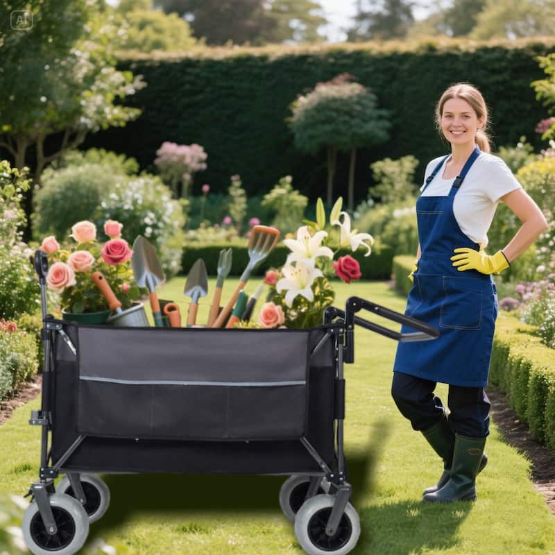 Multi-Functional Push-Pull Folding Wagon Cart With Rotating Handle & 9"X4" Beach Tires For Camping & Beach-300l Xl Heavy-Duty