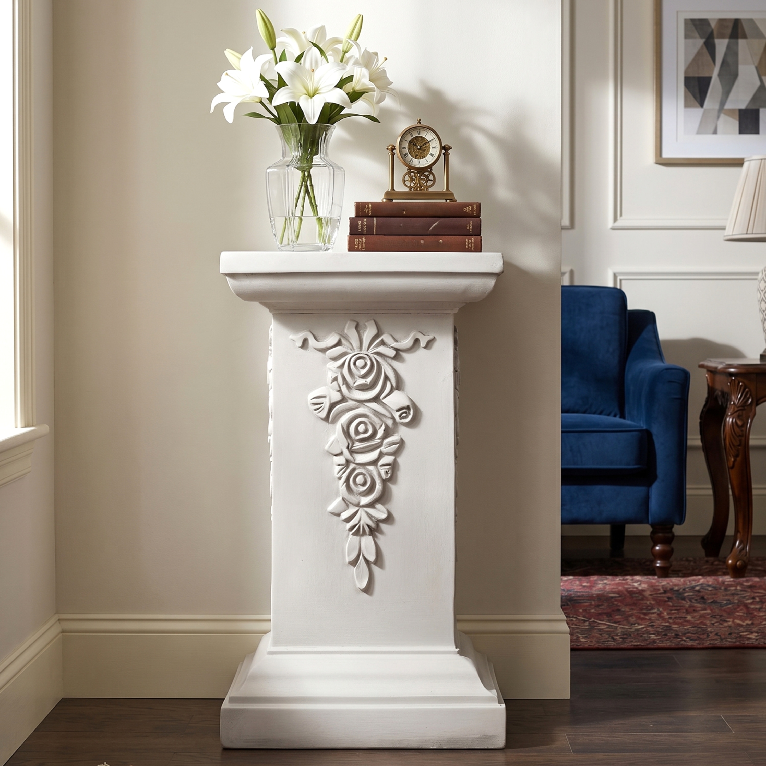 Christopher Knight Home - Ornate Floral MGO Pedestal Plant Stand with Decorative Column Design and No Assembly