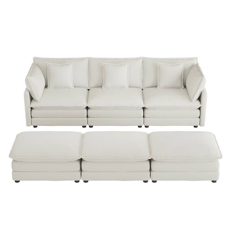 Roomfitters 112.6" Modern Corduroy Modular Sectional Sofa with Side Storage Pockets and 3 Movable Ottomans for Living Room