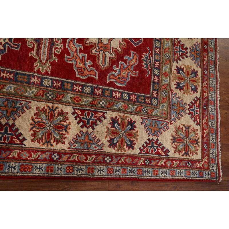 Red Geometric Kazak Area Rug Hand-Knotted Traditional Wool Carpet - 4'10" x 6'9"