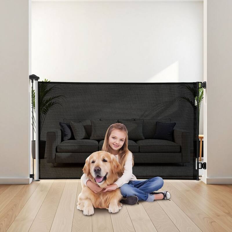 Retractable Baby Gate with Escape-Proof Bottom Hook and Mesh Design for Kids and Pets Safety