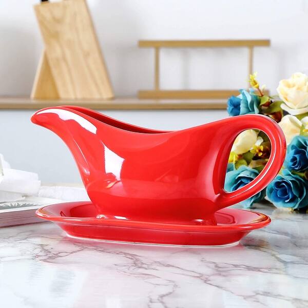 Ceramic Gravy Boat With Tray-Microwave & Dishwasher Safe/ White (12 Oz