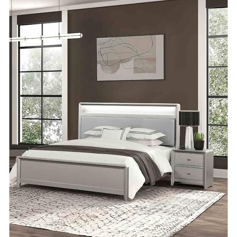 Contemporary Champagne Finish Bedroom Set LED Bookcase Bed Dresser Mirror USB Nightstand - Queen