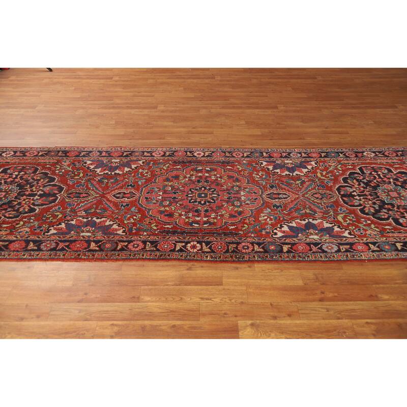 Hand Knotted Oriental 100% Wool Carpet Traditional Floral Red Heriz (serapi) Runner Rug - 12' 8'' X 3' 4''