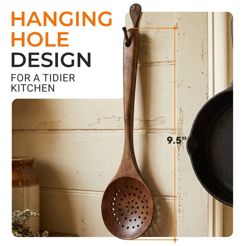 Cheer Collection Teak Wood Strainer Spoon with Drain Holes and Hanging Loop