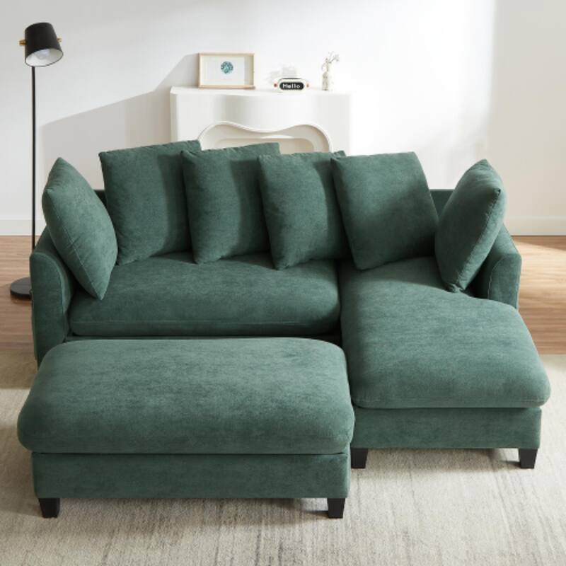 Luxurious L-Shaped Sectional Sofa with Hidden Storage, Movable Ottoman & Throw Pillows - Green