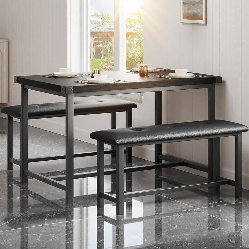Kitchen Table with Benches, Dining Table Set for 4,Rectangular Dining Table Set for Small Space Apartment Studio - Black