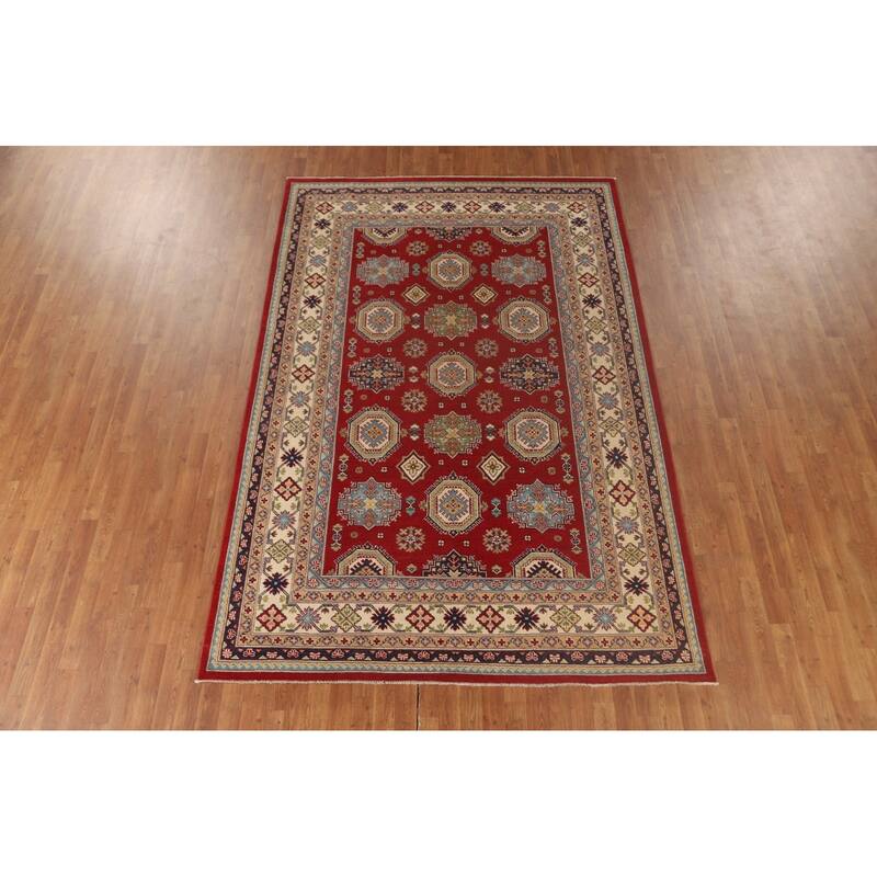 Kazak Oriental Area Rug Hand-Knotted Geometric Red Wool Carpet - 6'6"x 9'10"