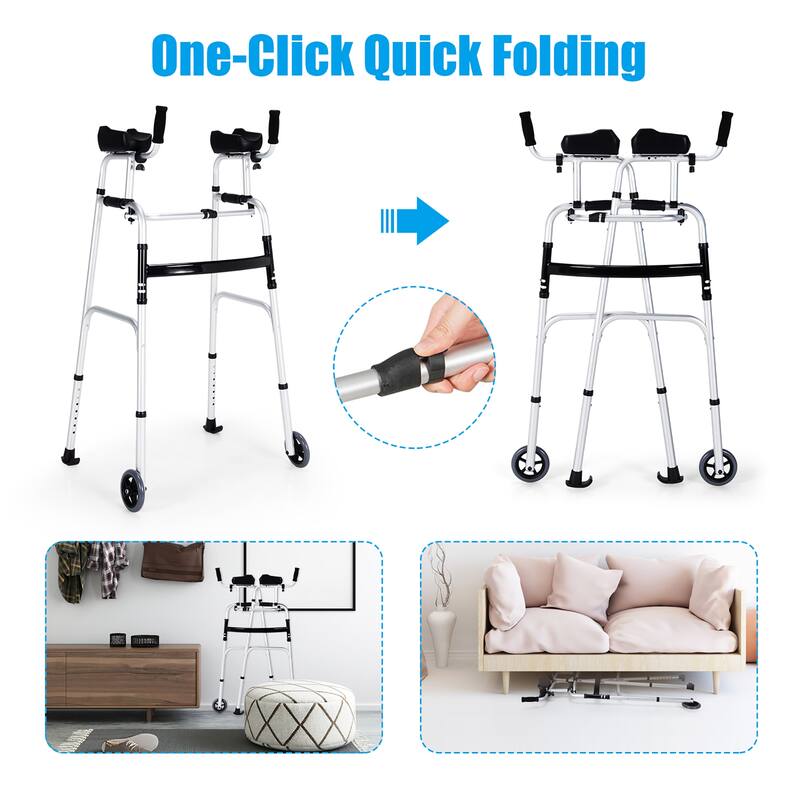 Costway Folding Wheel Walking Frame Adjustable Alloy Walker W/Armrest - See Details