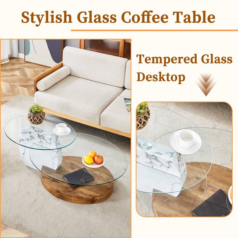 GDFStudio Marlowe Tempered Glass Coffee Table with Marble and Wood Texture Dual Base