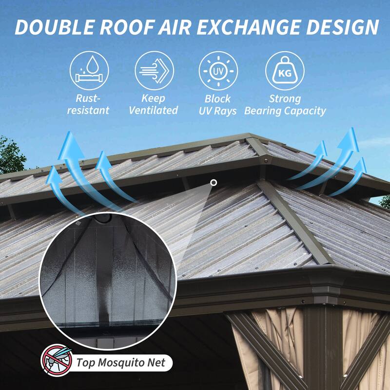 12' X 16' Hardtop Gazebo with Drainage System, Galvanized Steel Roof, Curtains, and Netting for Outdoor Use