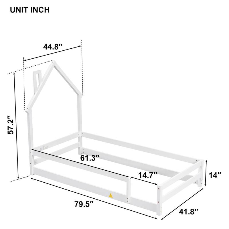 Twin Size Wood bed with House Shaped Headboard Floor Bed with Fences