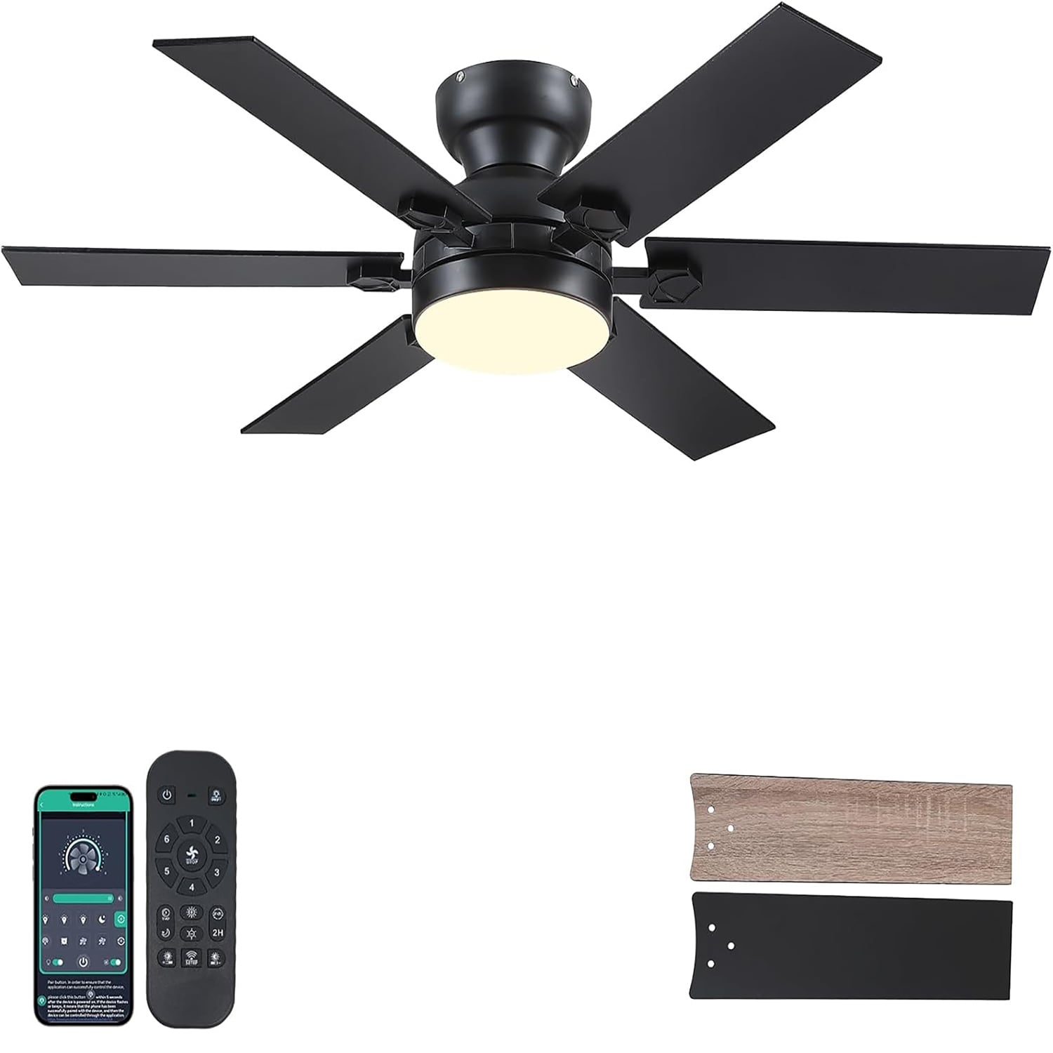 46/52-Inch Low-Profile Ceiling Fan with 32W LED Light and Remote Control, 6 Dual-Finish Blades, Reversible DC Motor