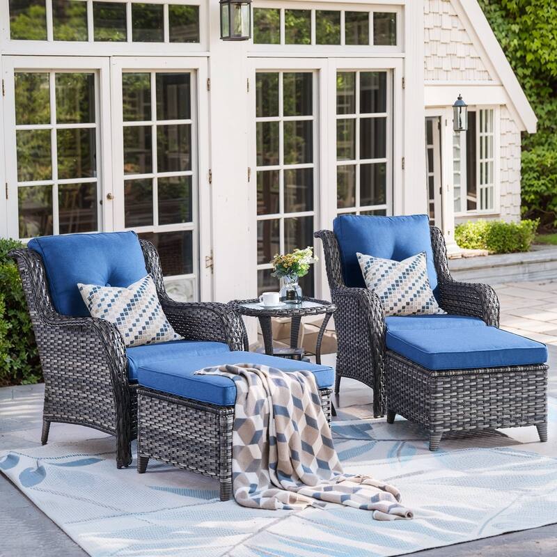 Outdoor Rattan Chair with Coffee Table and Ottoman - 5PCS - Patio Chair w/ Ottoman Table - Grey Rattan - Blue Cushion