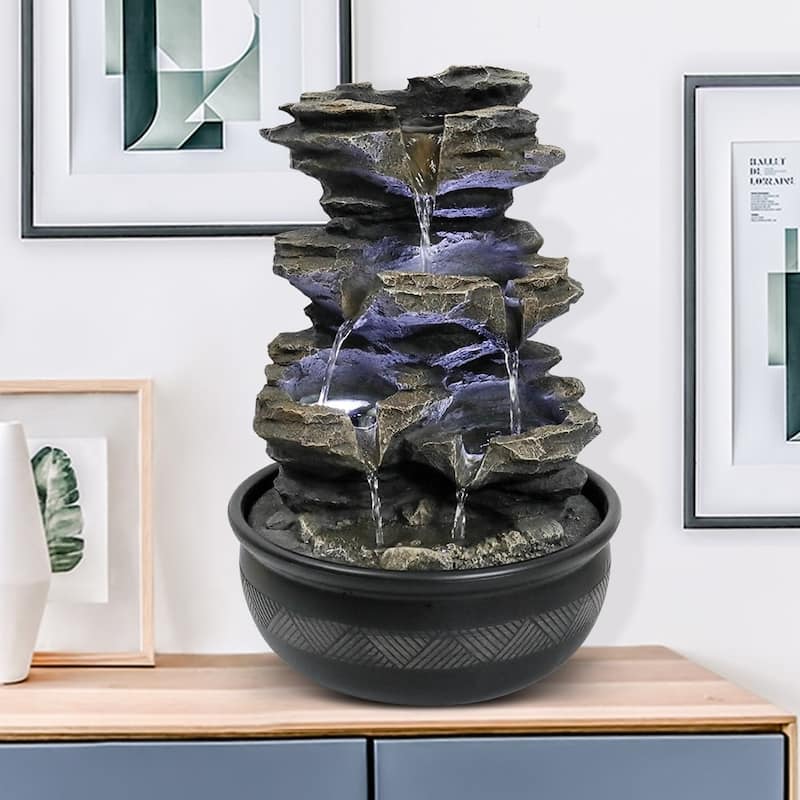 Indoor Tabletop 5-Tier Fountain Waterfall Fountains Stacked Rocks Water Feature Relaxation Desktop Fountain for Home,Office