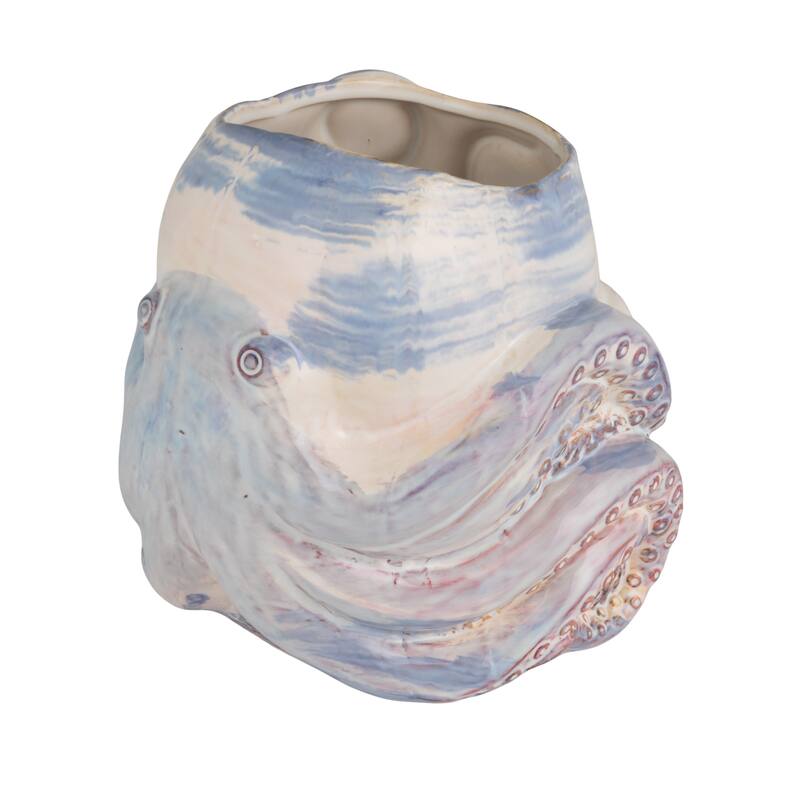 Stoneware Planter with Octopus Detail in Reactive Glaze - 8.75"L x 7.88"W x 8.25"H - White; Blue
