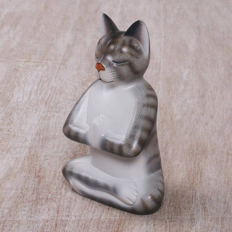 Novica Handmade Grey Cat In Deep Meditation Wood Sculpture