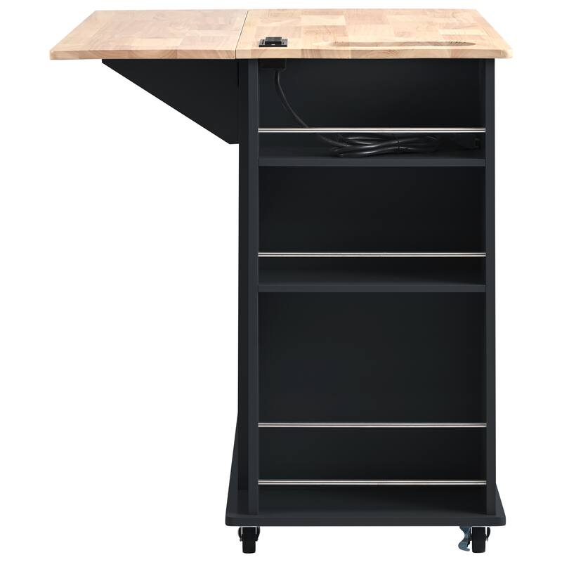 Open Rolling Kitchen Island on Wheels with Drop Leaf and Power Outlet