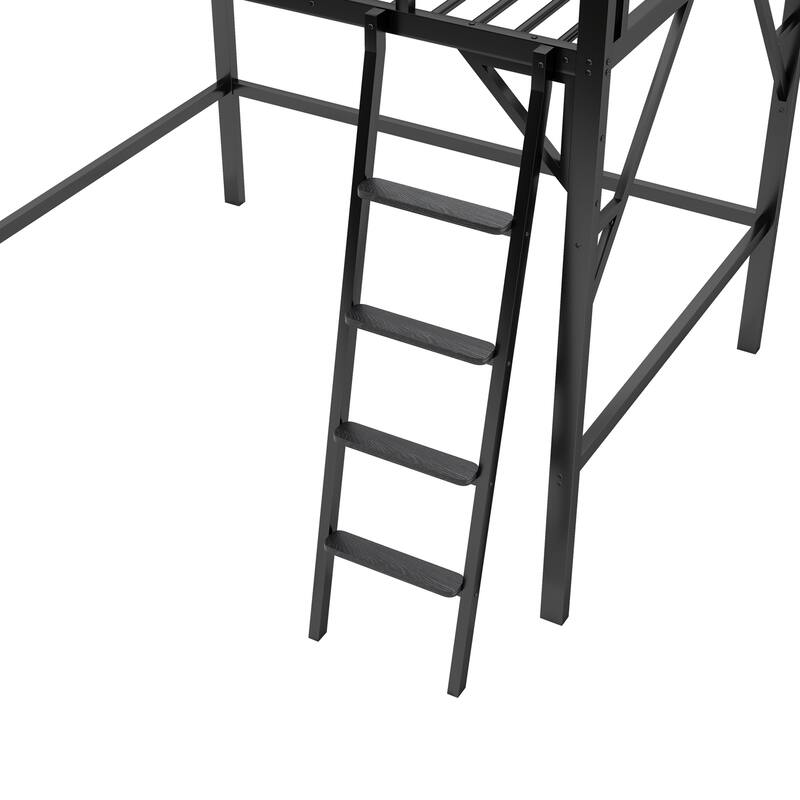 Full Size Metal Loft Bed with Ladder and Storage Shelves for Kids and Teens, Black